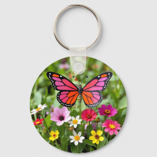 Porte-clés Scène vibrante de jardin avec papillon monarque