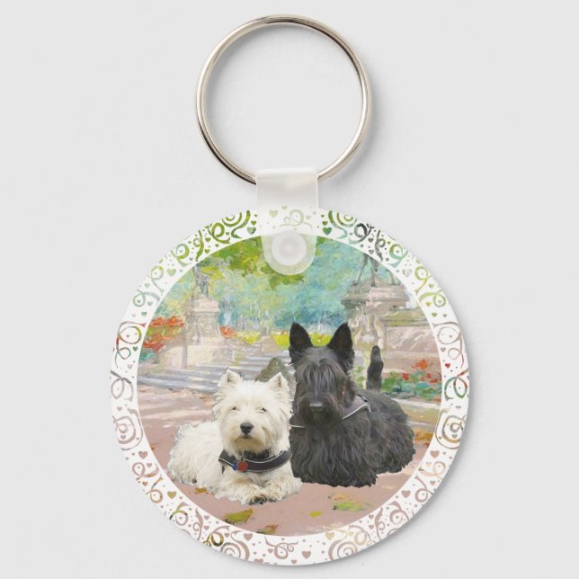 Porte-clés Scottie et Westie dans un jardin (Recto)
