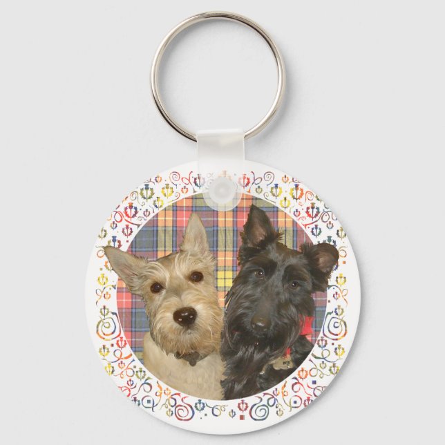 Porte-clés Scotties roux et noirs sur tartan (Recto)