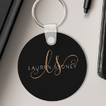 Porte-clés Script féminin Black Gold moderne Monogramme<br><div class="desc">Porte - clé Monogrammé moderne Black Gold Feminine Script. Personnalisez facilement ce porte - clé élégant moderne avec votre monogramme et votre nom personnalisés.</div>