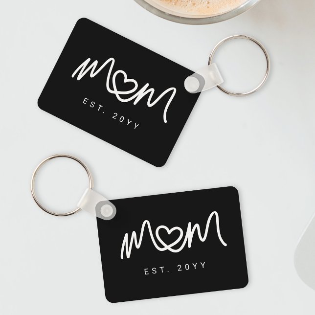 Porte-clés Script Simple Noir et Blanc  Maman a Établis Est (Simple Black and White Script Mom Established Est Keychain)