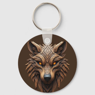 Porte-clés Sculpture de loup en bois avec motifs géométriques