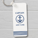 Porte-clés Sea Anchor Captain Add Name or Boat Name White<br><div class="desc">Nautical Sea Anchor Captain Add Name or Boat Name Navy Blue on White Keychain.</div>