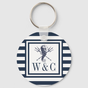 Porte-clés Seahorse Monogram Navy Blue Striped Nautical