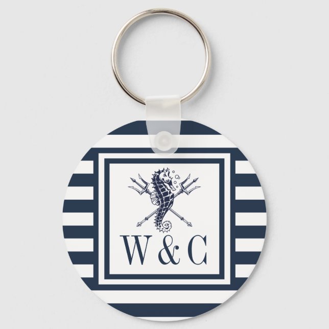 Porte-clés Seahorse Monogram Navy Blue Striped Nautical  (Recto)