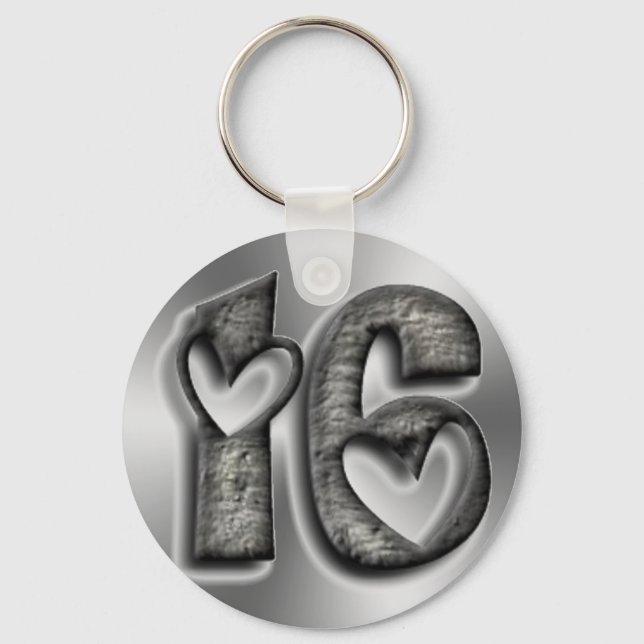Porte-clés Seize Rustic Silver Grey Numéro 16 Typographie (Recto)