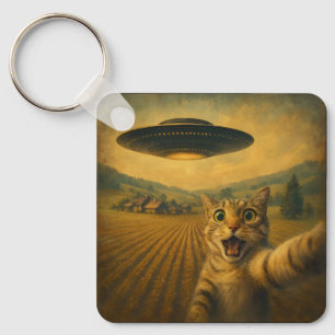 Porte-clés Selfie De Chat Avec Alien UFO Drôle Cadeaux De Cha
