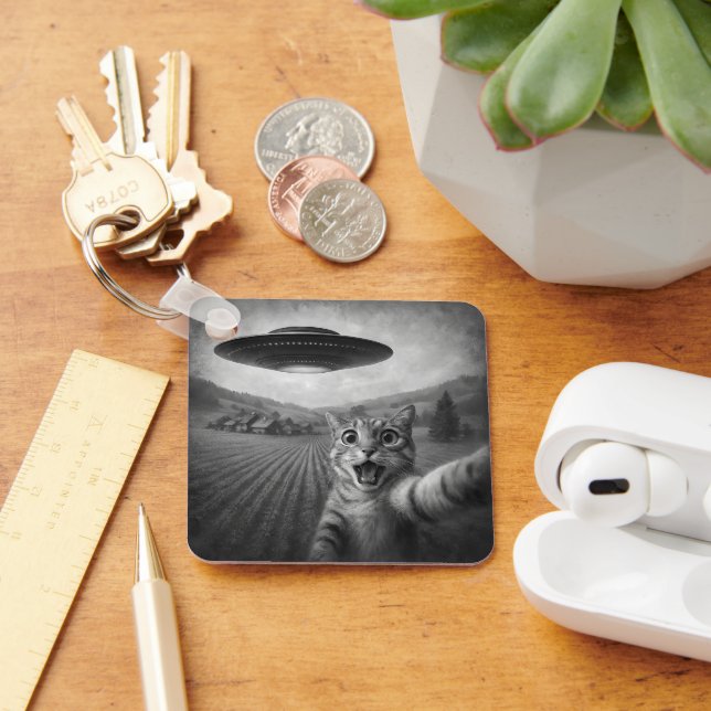 Porte-clés Selfie De Chat Avec Alien UFO Drôle Cadeaux De Cha (Bureau)