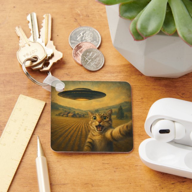 Porte-clés Selfie De Chat Avec Alien UFO Drôle Cadeaux De Cha (Bureau)