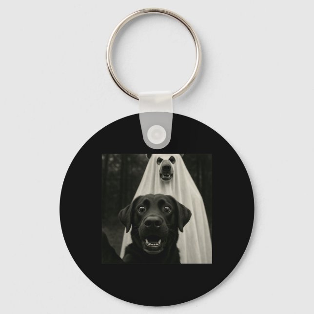 Porte-clés Selfie Halloween Lab noir avec costume fantôme d'o (Recto)
