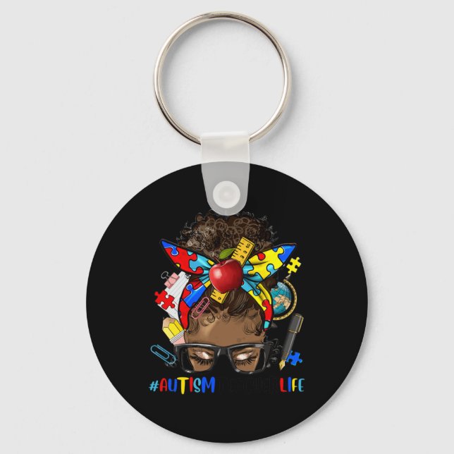Porte-clés Sensibilisation sur l'autisme Afro Messy Bun Melan (Recto)
