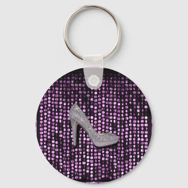 Porte-clés Sequins High talon chaussure violet argent (Recto)