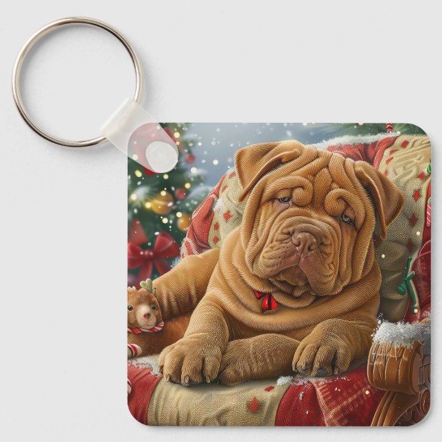 Porte-clés Shar Pei Chien Festif de Noël (Recto)