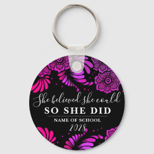 Porte-clés She Believed She Could Black Magenta Flower Floral