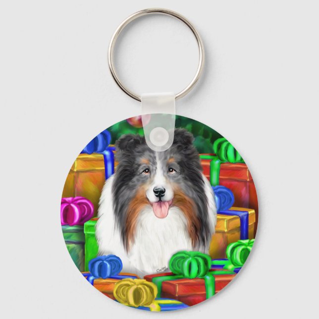 Porte-clés Shelter Noël Open Gifts Blue Merle (Recto)