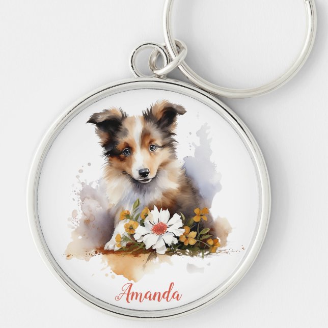 Porte-clés Shetland Sheepdog Chiot Pet Aquarelle (Devant)