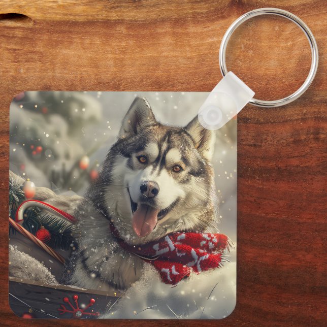 Porte-clés Sibérie Husky Chien Festif de Noël (Verso)
