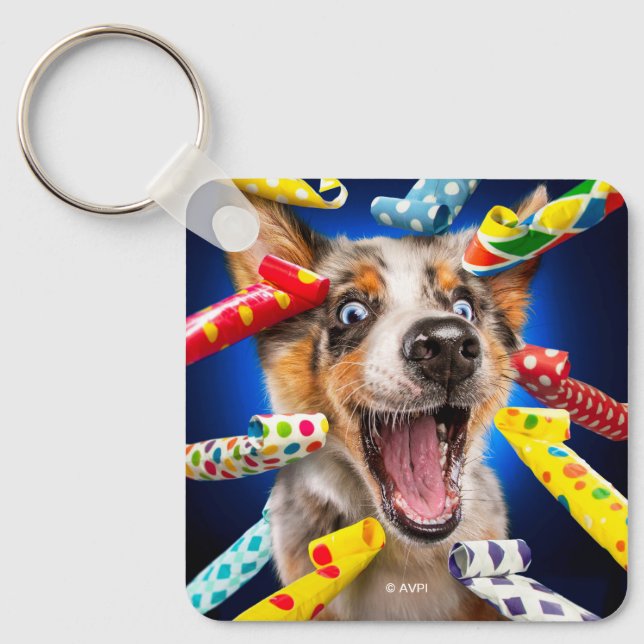 Porte-clés Sifflets de fête pour chien heureux (Recto)