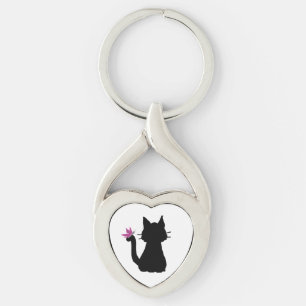 Porte-clés Silhouette de chat noir Papillon rose