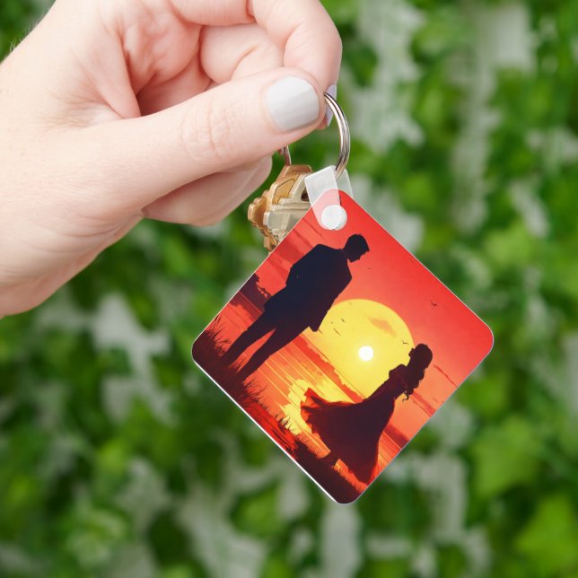Porte-clés Silhouette de Couple au Coucher de Sole (main)