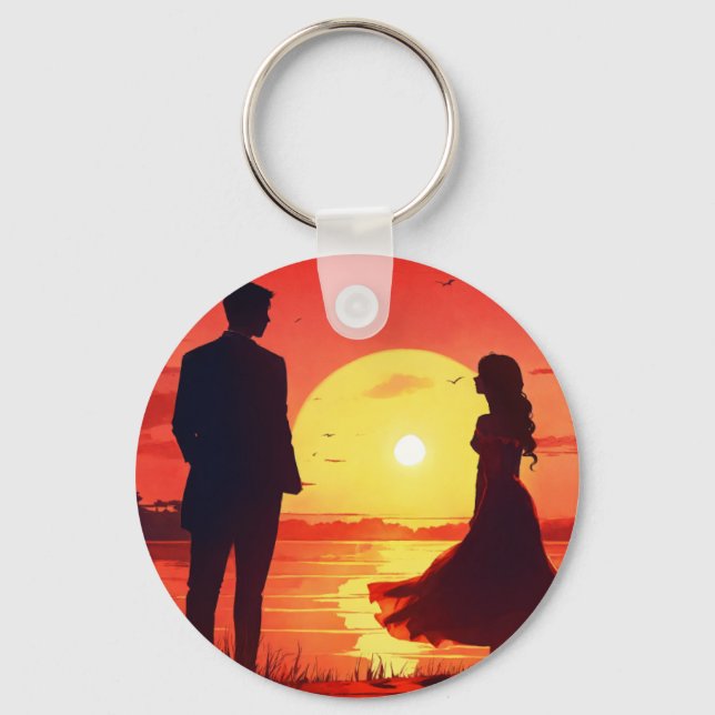 Porte-clés Silhouette de Couple au Coucher de Sole (Recto)