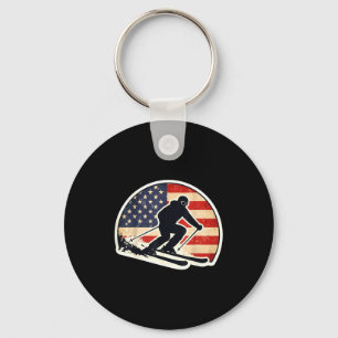 Porte-clés Silhouette de skieur drapeau américain vintage rét