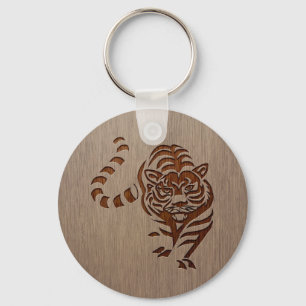 Porte-clés Silhouette de tigre gravée sur bois