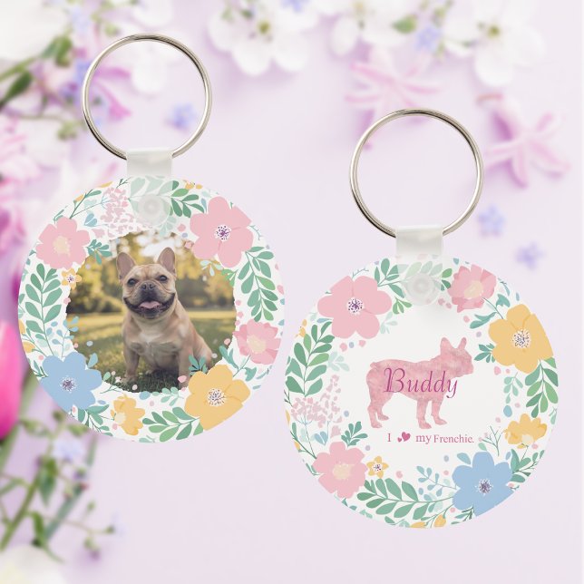 Porte-clés Silhouette florale de Bouledogue français rose pas (Créateur téléchargé)