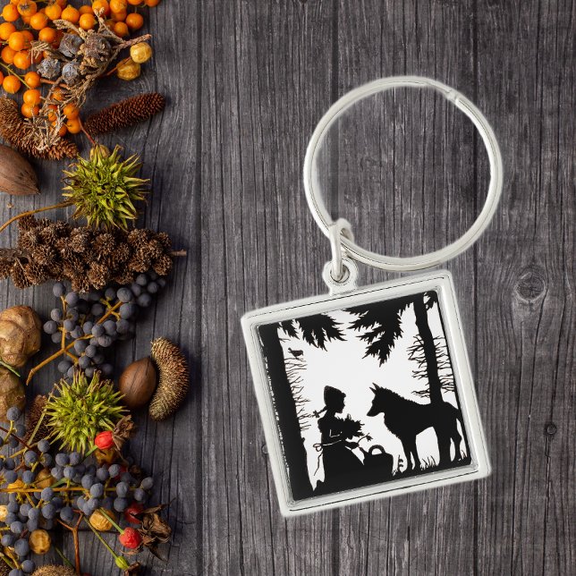 Porte-clés Silhouette Noire Rouge Hood Wolf Woods (Black white keychain with Little red riding hood under trees with the wolf.)