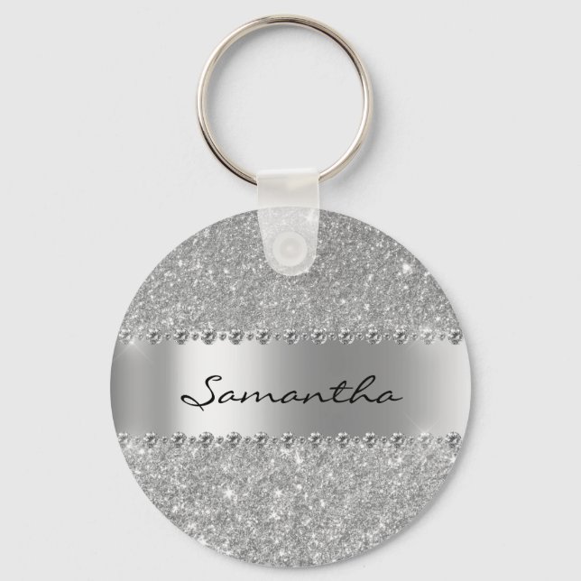 Porte-clés Silver Diamond Glitter Bling Metallic Monogram (Recto)