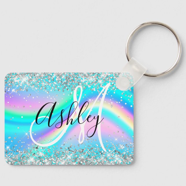 Porte-clés Silver Glitter Rainbow Wave Aqua Ombre Monogram (Recto)