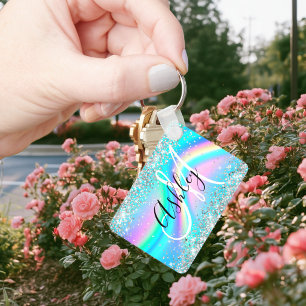 Porte-clés Silver Glitter Rainbow Wave Aqua Ombre Monogram