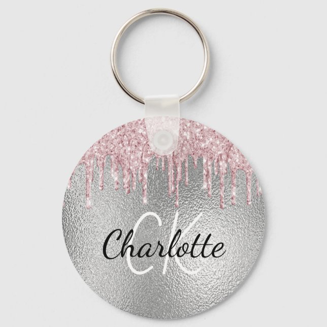 Porte-clés Silver metal glitter drips pink monogram initials (Recto)