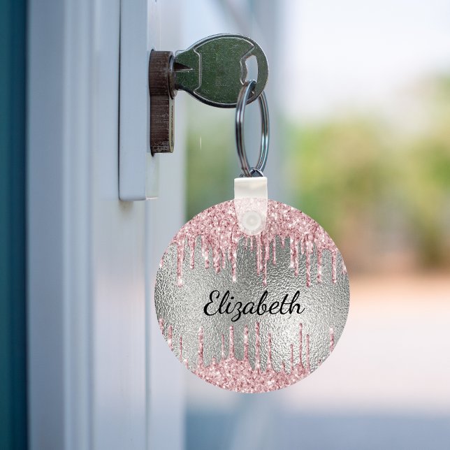 Porte-clés Silver pink glitter drips metal monogram name  (Créateur téléchargé)