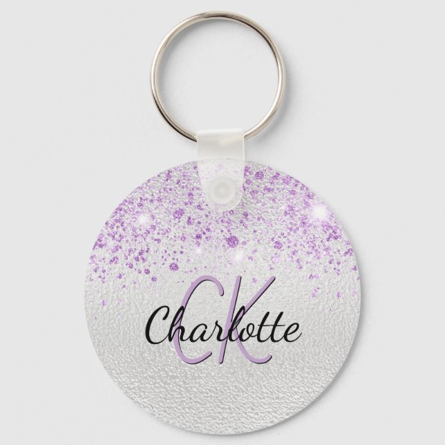 Porte-clés Silver purple glitter dust custom monogram (Recto)