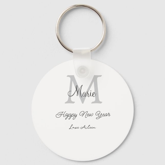 Porte-clés simple monogramme bonne année gris nom  (Recto)
