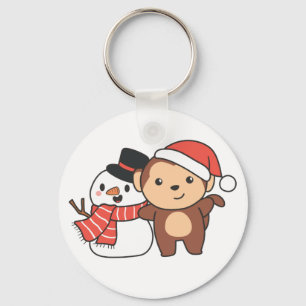 Porte-clés Singe Avec Snowman En Hiver Pour Noël Keycha