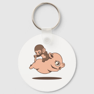 Porte-clés Singe de bébé (allant à reculons sur un porc)