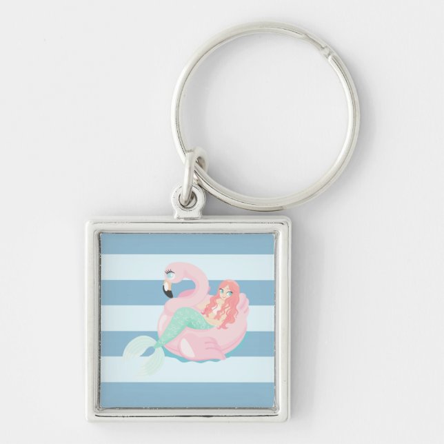 Porte-clés Sirène adorable sur rayures bleu clair et blanc (Devant)