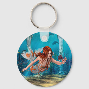 Porte-clés Sirène aux Cheveux Rouges Art Fantastique Sous-Mar