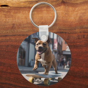 Porte-clés Skateboard Stunt : Un Staffy en déplacement