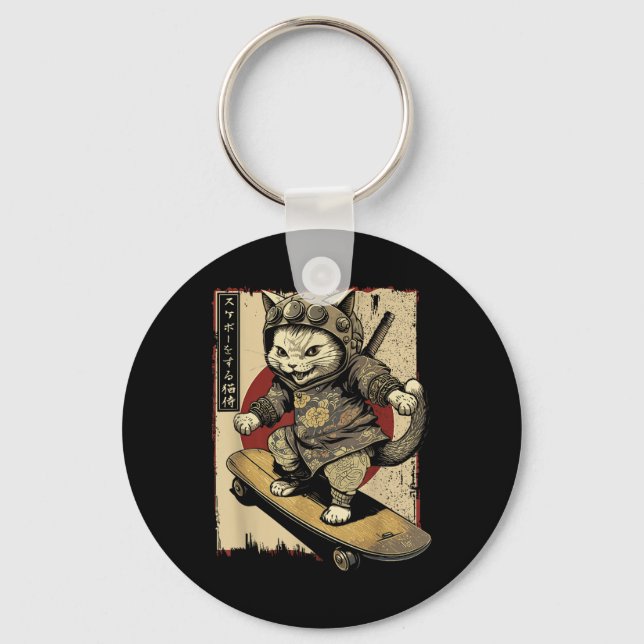 Porte-clés Ski Japonais Samurai Chat Tattoo Kawaii Ninj (Recto)