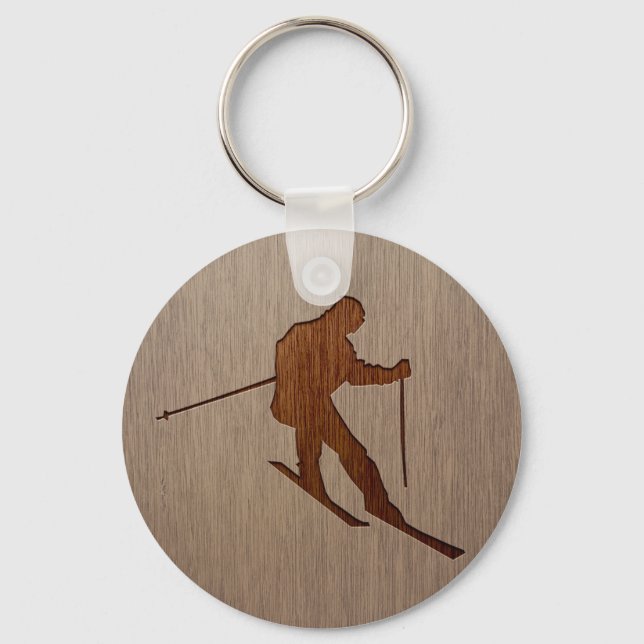 Porte-clés Skiing silhouette engraved on wood design (Recto)