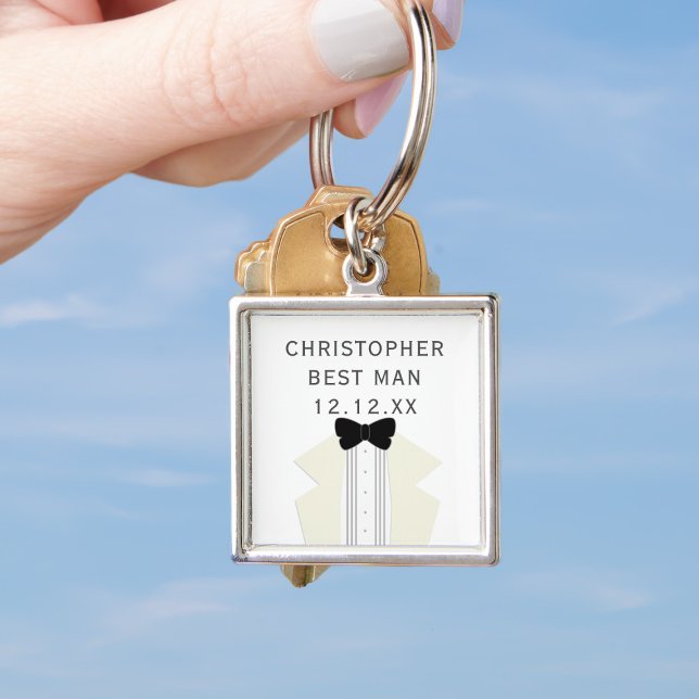 Porte-clés smoking de témoin de mariage noir crava (Add your Best Man's name and your wedding date to this quirky tuxedo keychain. A lovely memento!)