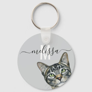 Porte-clés Sneaky Cat Watercolor Monogram Name