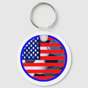 Porte-clés Soccer Ball & USA Drapeau2 Le MUSÉE Zazzle Blue-C