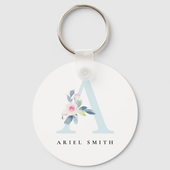 PORTE-CLÉS SOFT BLUSH BLUE FLORAL ALPHABETS NAME LETTER A (Recto)