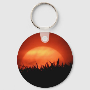 Porte-clés Soleil rouge derrière l'herbe noire