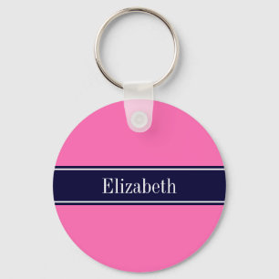 Porte-clés Solid Hot Pink #2, Navy Blue Ribbon Name Monogram