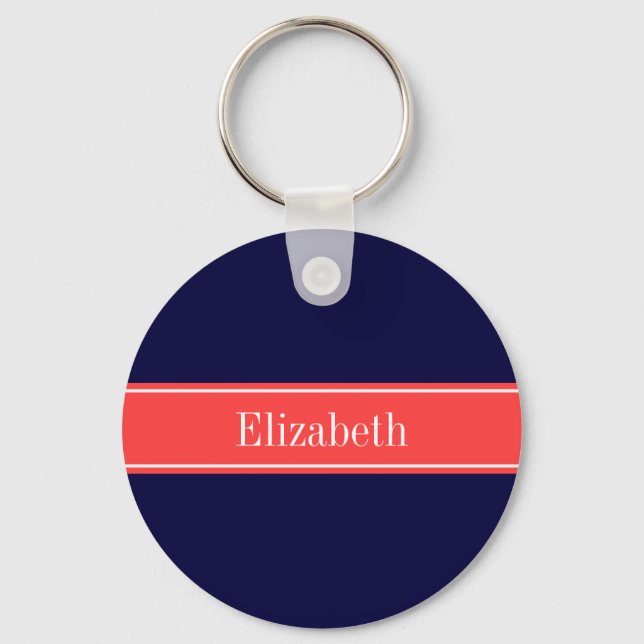 Porte-clés Solid Navy Blue Coral Red Ribbon Name Monogram (Recto)